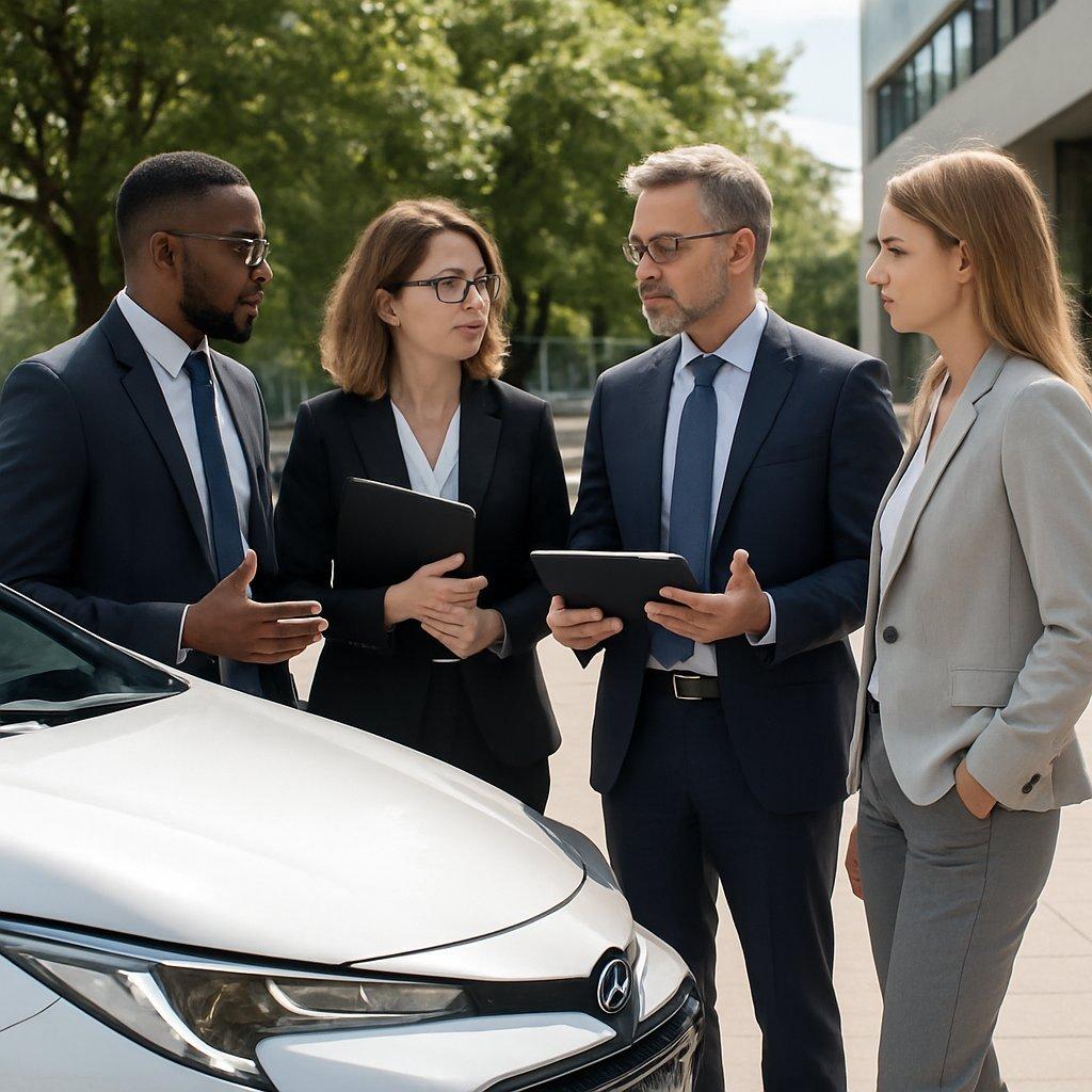 Groupe de cadres en tenue professionnelle discutant autour d’un véhicule hybride moderne dans une ambiance collaborative.