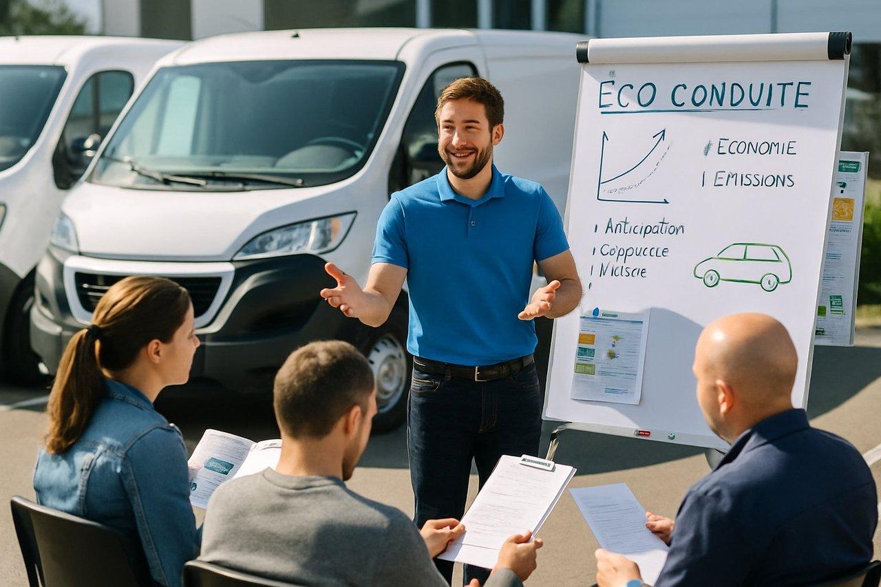 Groupe de conducteurs en formation d’éco-conduite avec un formateur dynamique, véhicules utilitaires, ambiance professionnelle.
