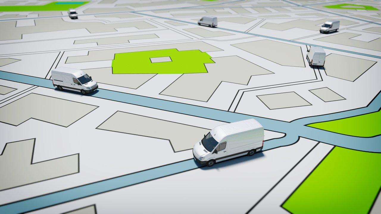 Infographie sur le fleet management illustrant la gestion des camions en ville, intégrant contraintes fiscales et écologie.