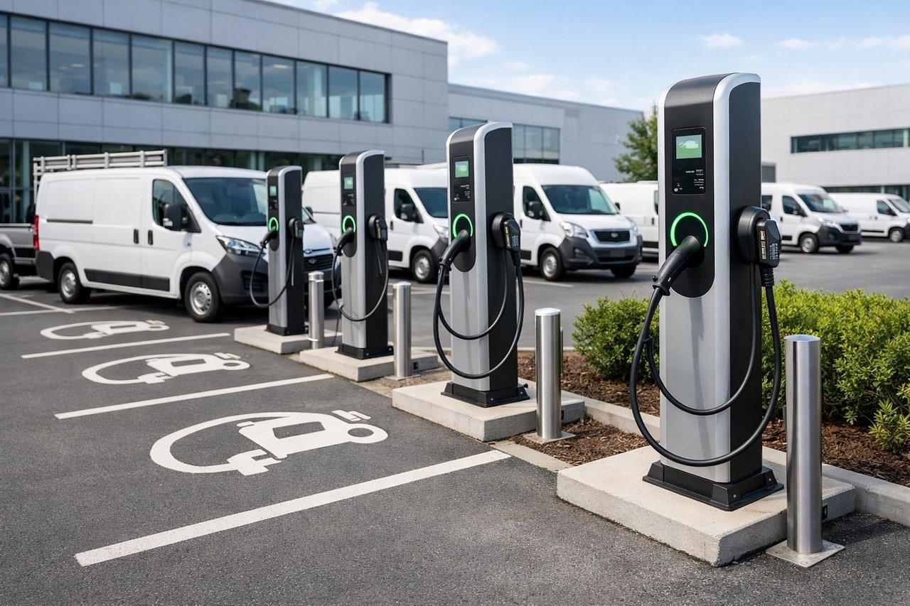 Installation extérieure de plusieurs bornes de recharge électrique modernes pour une flotte d’entreprise.