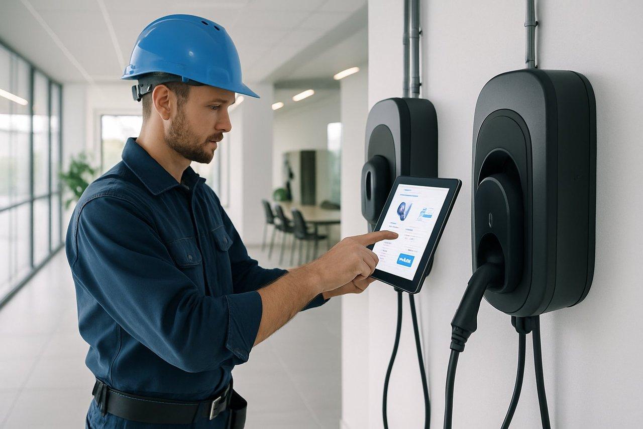 Installation professionnelle de bornes de recharge électriques en entreprise avec gestion numérique sur écran tactile dans un environnement moderne et lumineux.