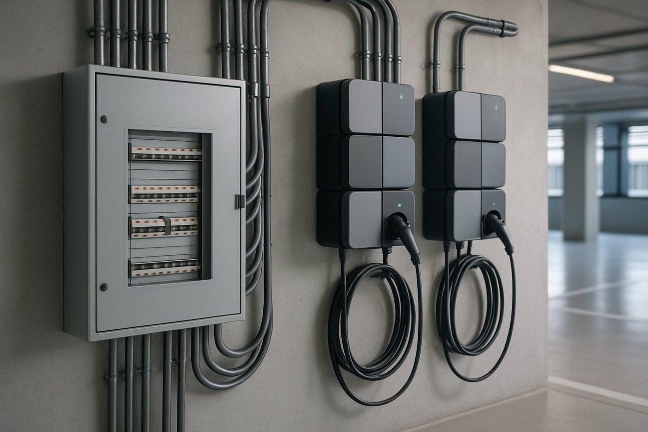 Installation professionnelle de bornes de recharge électriques modulaires près d’un tableau électrique dans un parking d’entreprise moderne.