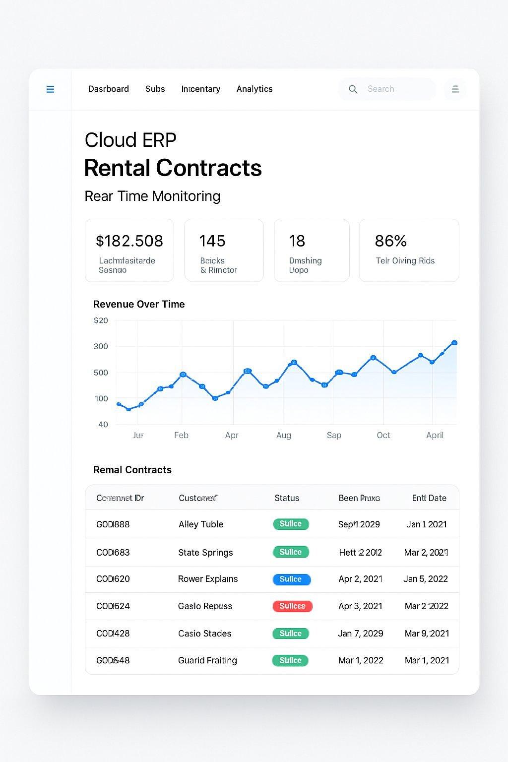 Interface logicielle moderne et lumineuse affichant un tableau de bord cloud ERP avec suivi en temps réel des contrats de location consolidés.