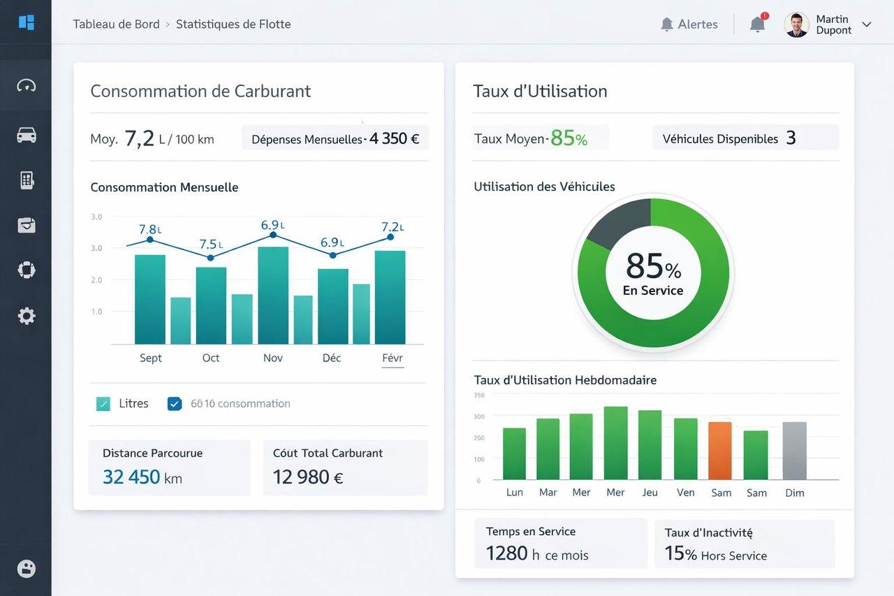 Interface moderne et épurée de logiciel de gestion de flotte automobile affichant graphiques clairs des consommations et taux d’utilisation.