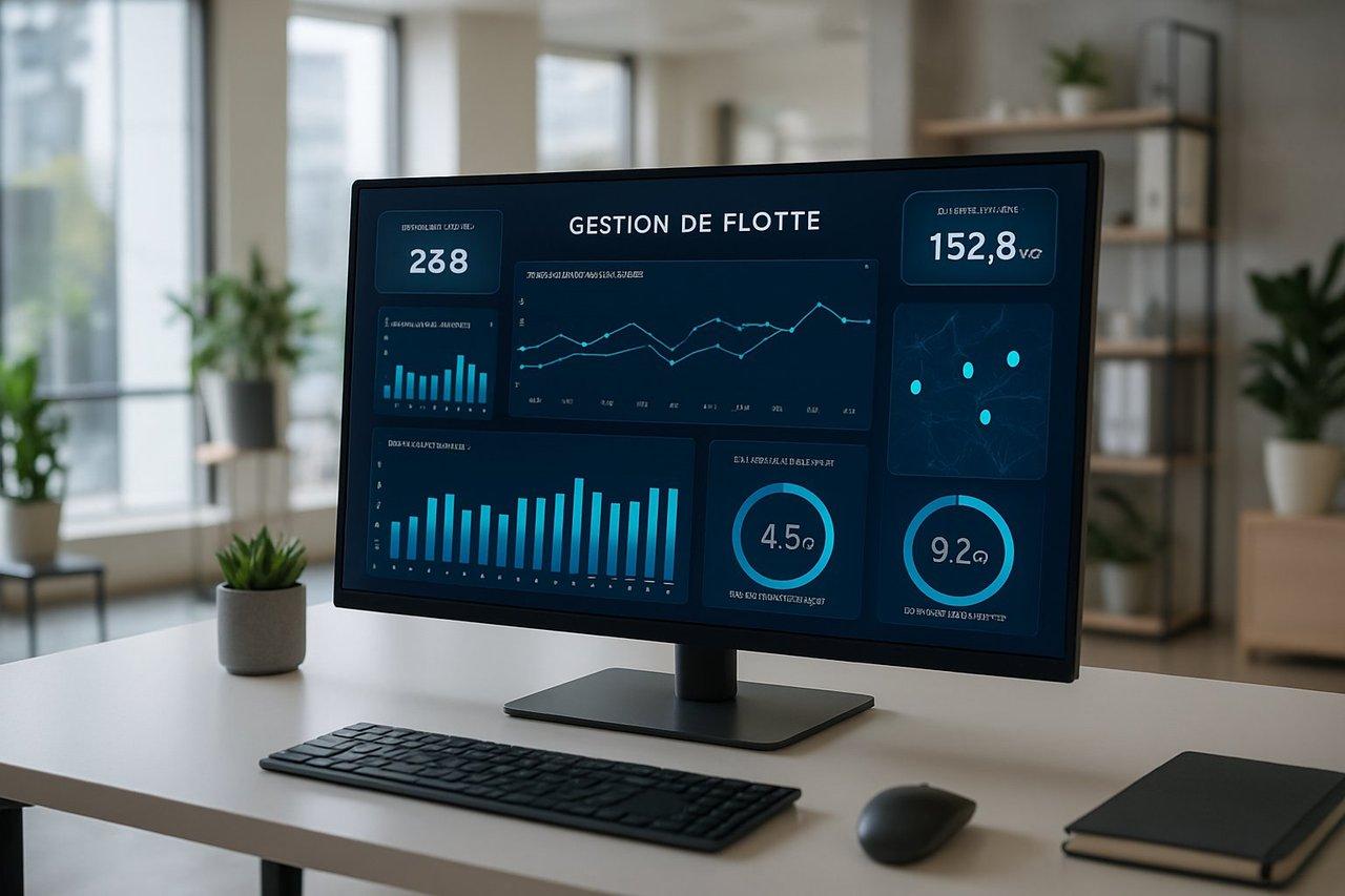 Interface numérique moderne affichant un tableau de bord interactif avec graphiques dynamiques pour la gestion de flotte en temps réel.