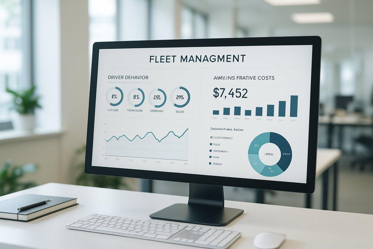 Interface numérique moderne de gestion de flotte avec indicateurs de comportement conducteur et coûts administratifs.