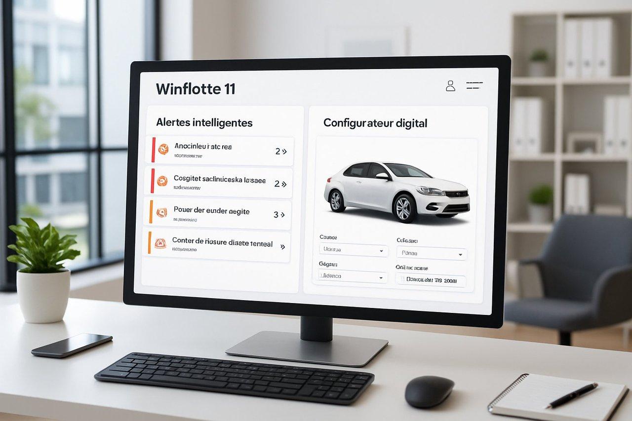 Interface utilisateur moderne et claire de Winflotte 11 affichant alertes intelligentes et configurateur digital dans un bureau lumineux professionnel.