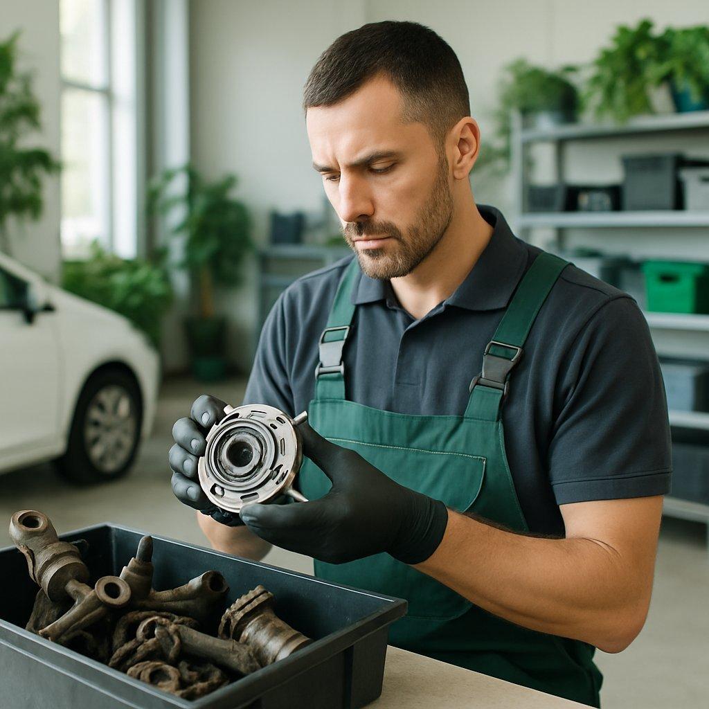 Mécanicien professionnel vérifiant méticuleusement des pièces détachées d’occasion dans un garage lumineux et écologique.