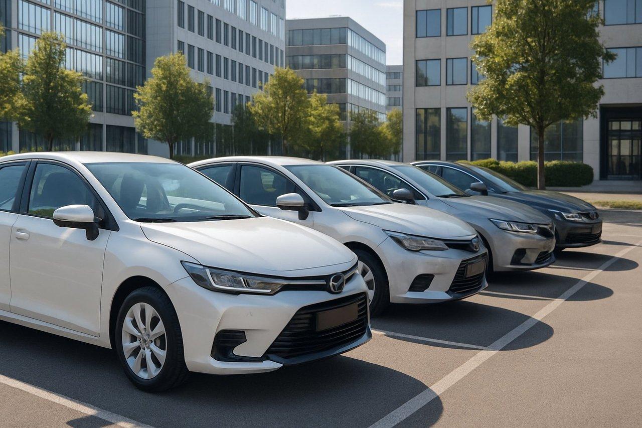 Parc automobile d’entreprise avec véhicules hybrides et thermiques alignés en contexte urbain professionnel.