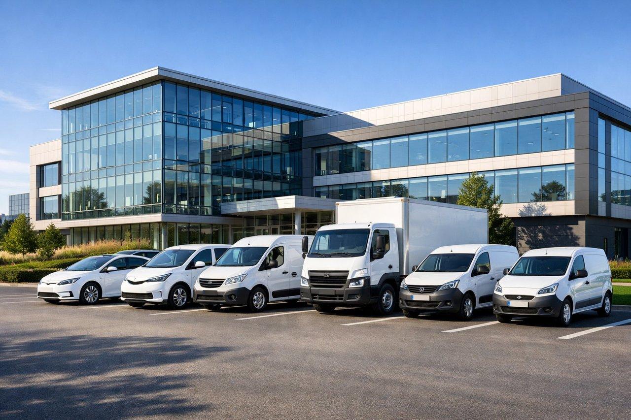 Parc automobile d’entreprise moderne avec véhicules électriques et utilitaires devant le siège social ensoleillé.