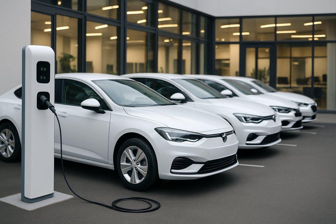 Parc automobile PME moderne avec véhicules électriques alignés et borne de recharge en environnement professionnel.