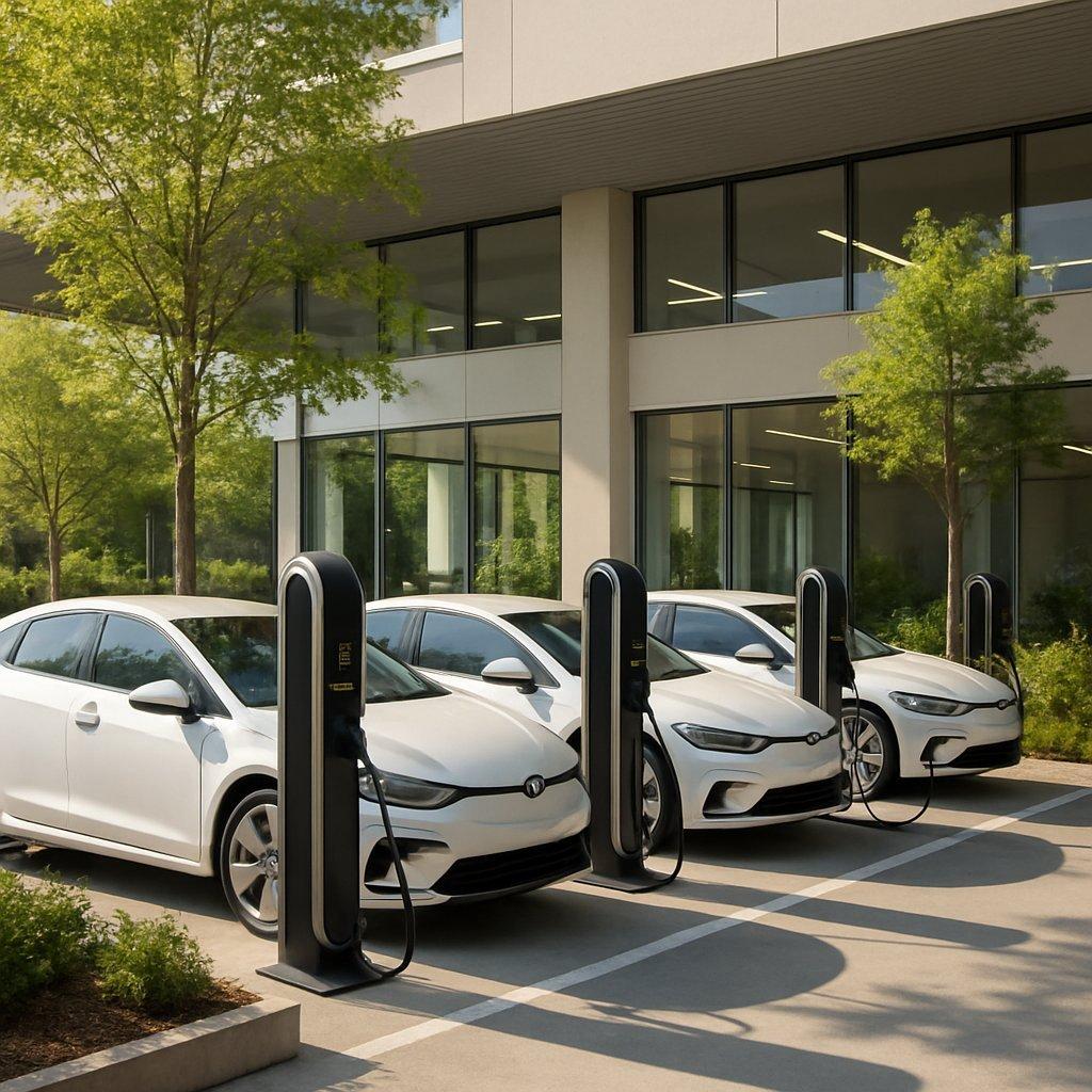 Parking d’entreprise moderne avec bornes de recharge électrique, végétation intégrée et architecture épurée.