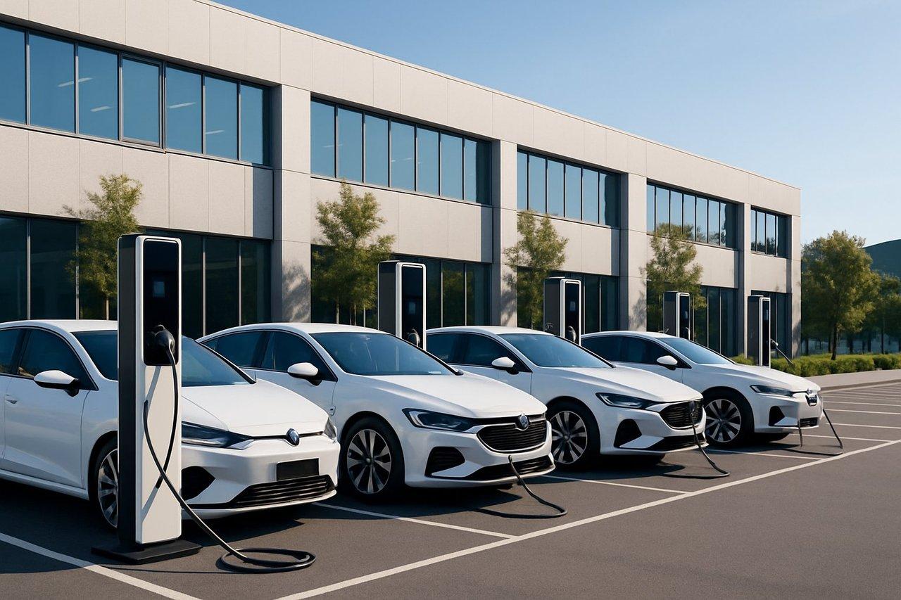 Parking d’entreprise moderne avec plusieurs véhicules électriques en recharge, sous un ciel clair en ambiance professionnelle.