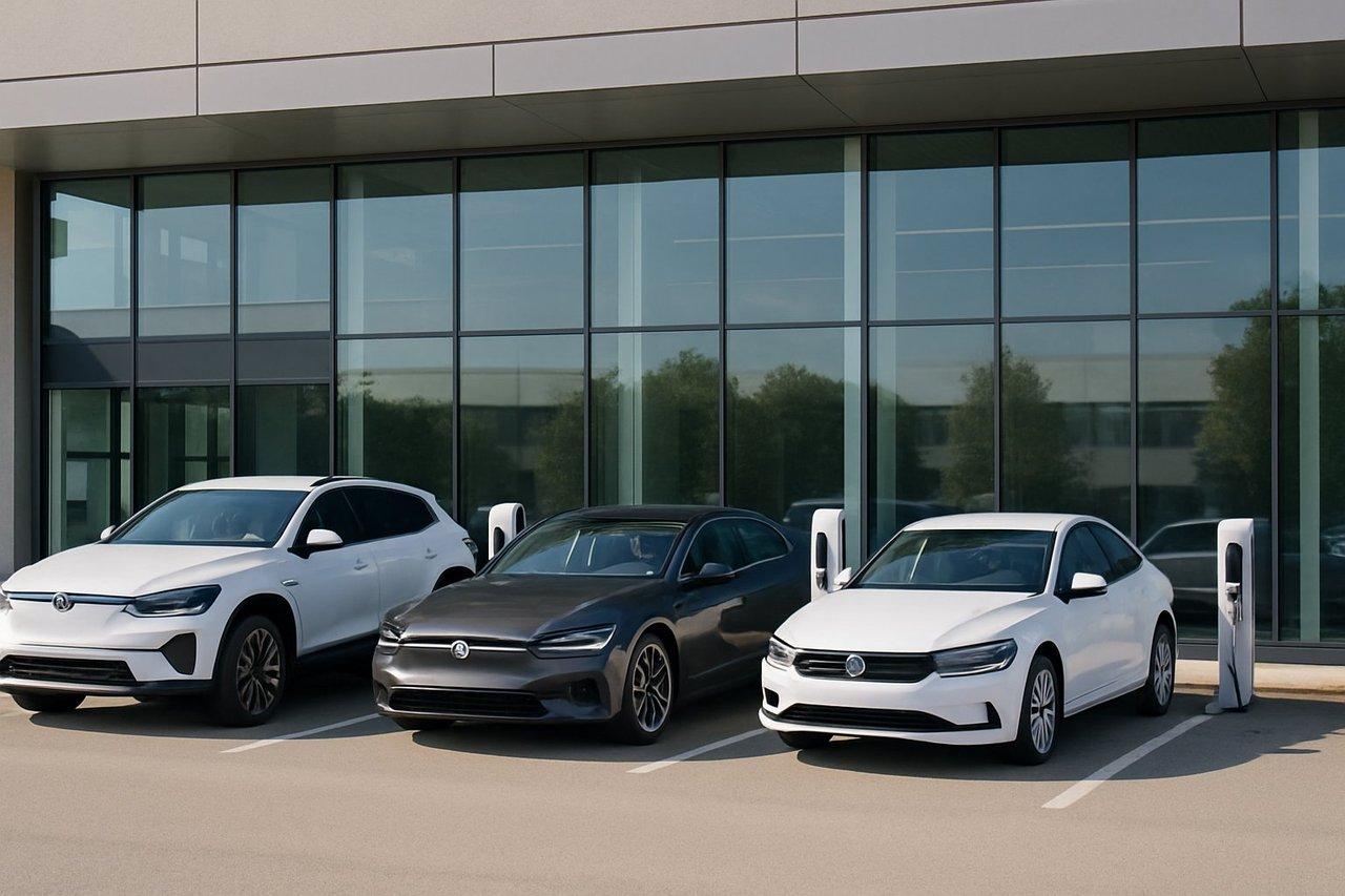 Parking d’entreprise moderne avec une flotte diversifiée de véhicules électriques : SUV, berlines et citadines sous une lumière naturelle claire.