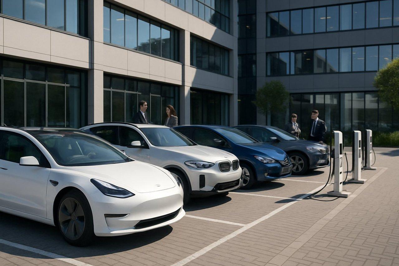 Parking d’entreprise moderne avec une flotte diversifiée de voitures électriques rechargeant aux bornes, idéale pour TPE/PME.