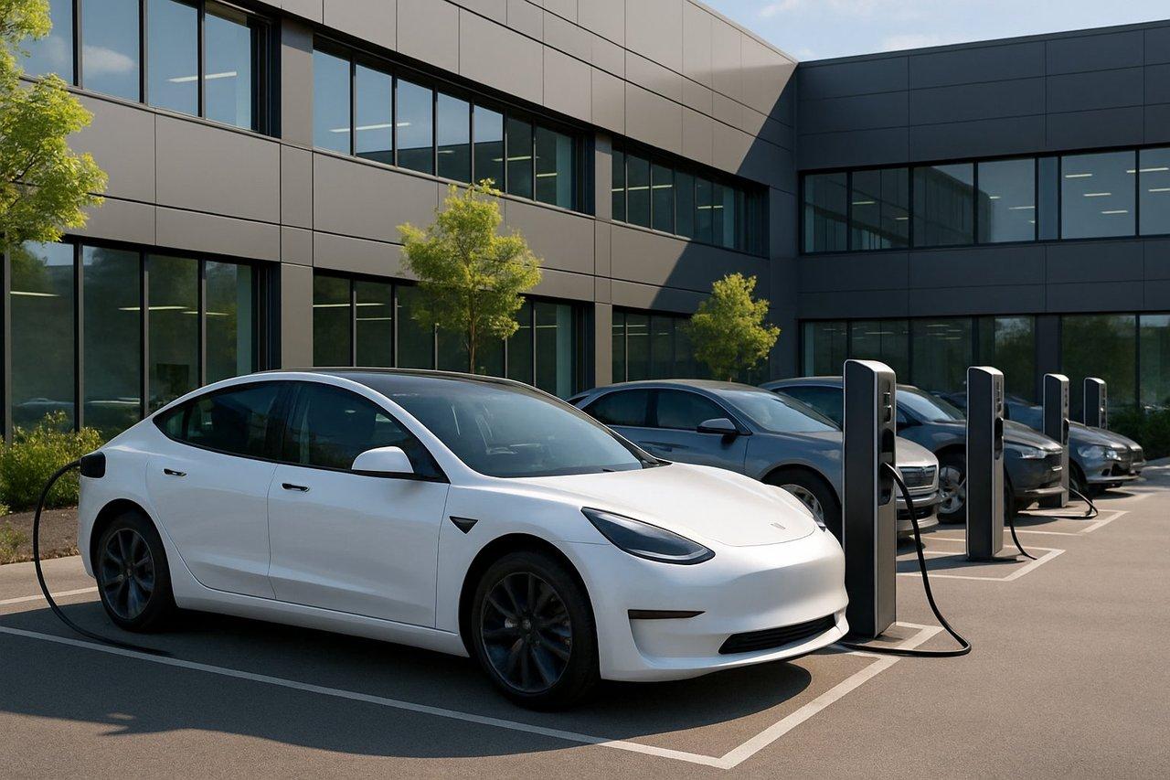 Parking d’entreprise moderne avec véhicules électriques en recharge sur bornes sophistiquées, ambiance professionnelle et écologique.