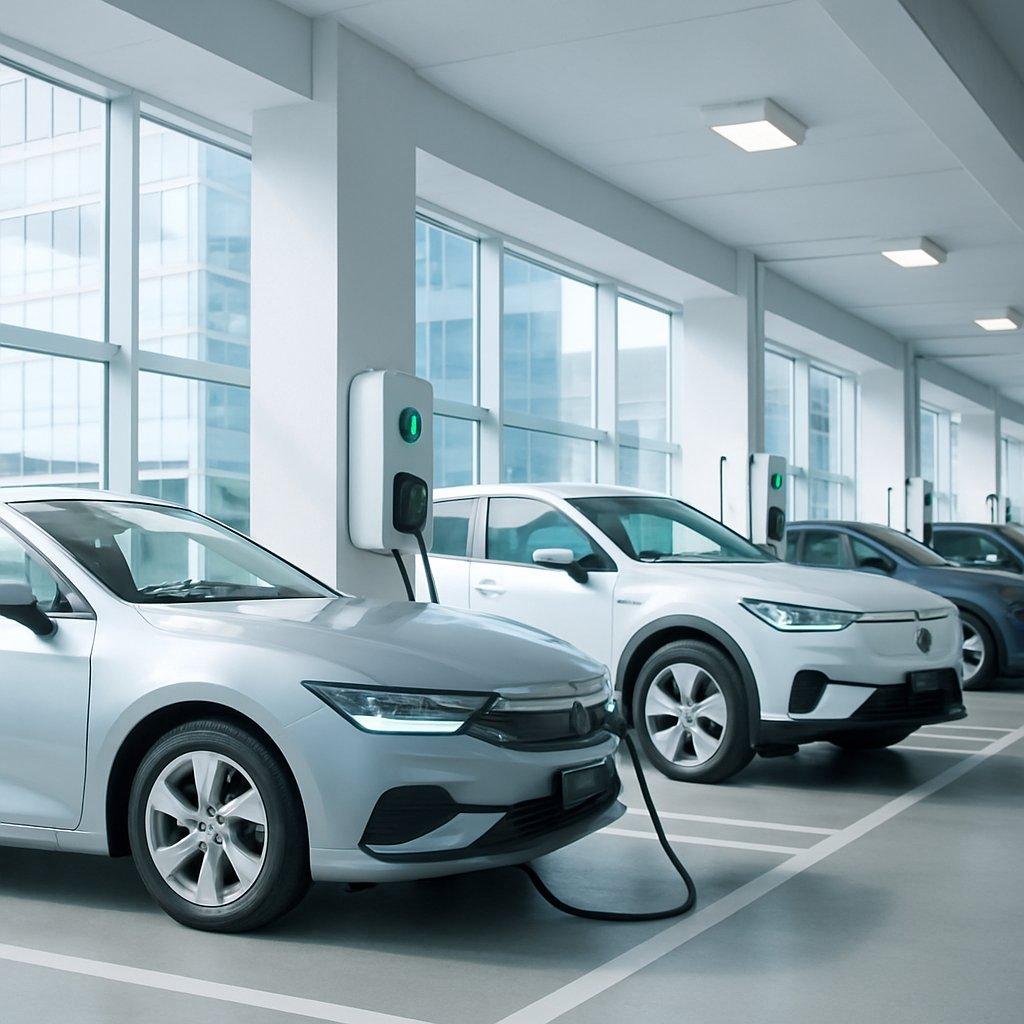 Parking d’entreprise moderne équipé de bornes de recharge électrique pour véhicules hybrides et électriques en charge.