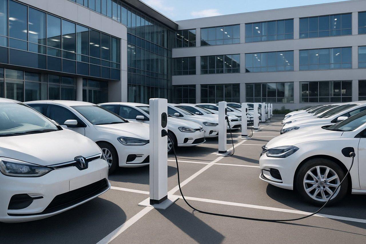 Parking d’entreprise moderne rempli de véhicules électriques en location longue durée dans une ambiance lumineuse et professionnelle.