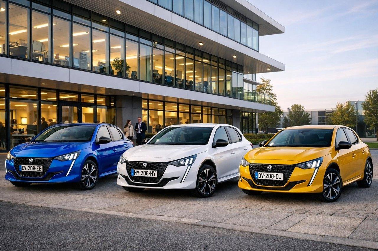 Plusieurs Peugeot 208 colorées, motorisations diesel, hybride et électrique, stationnées devant un bâtiment tertiaire moderne.