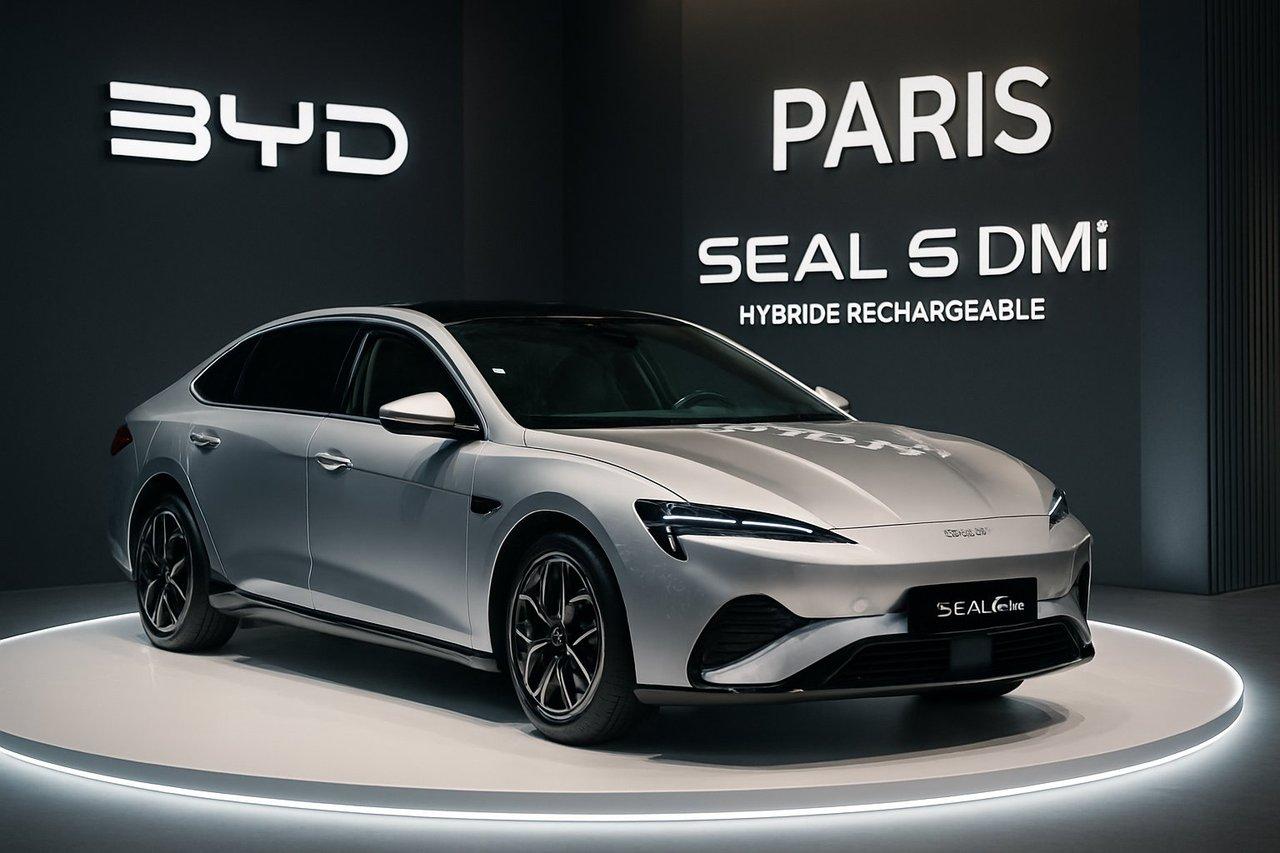 Présentation officielle du BYD Seal 6 DMi hybride rechargeable sur podium lumineux au salon automobile de Paris.
