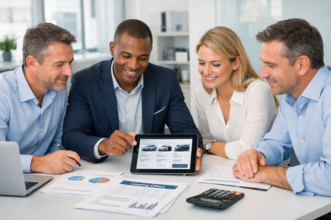 Quatre gestionnaires de flotte en réunion analysent des offres de leasing pour une Peugeot 208 en TPE.