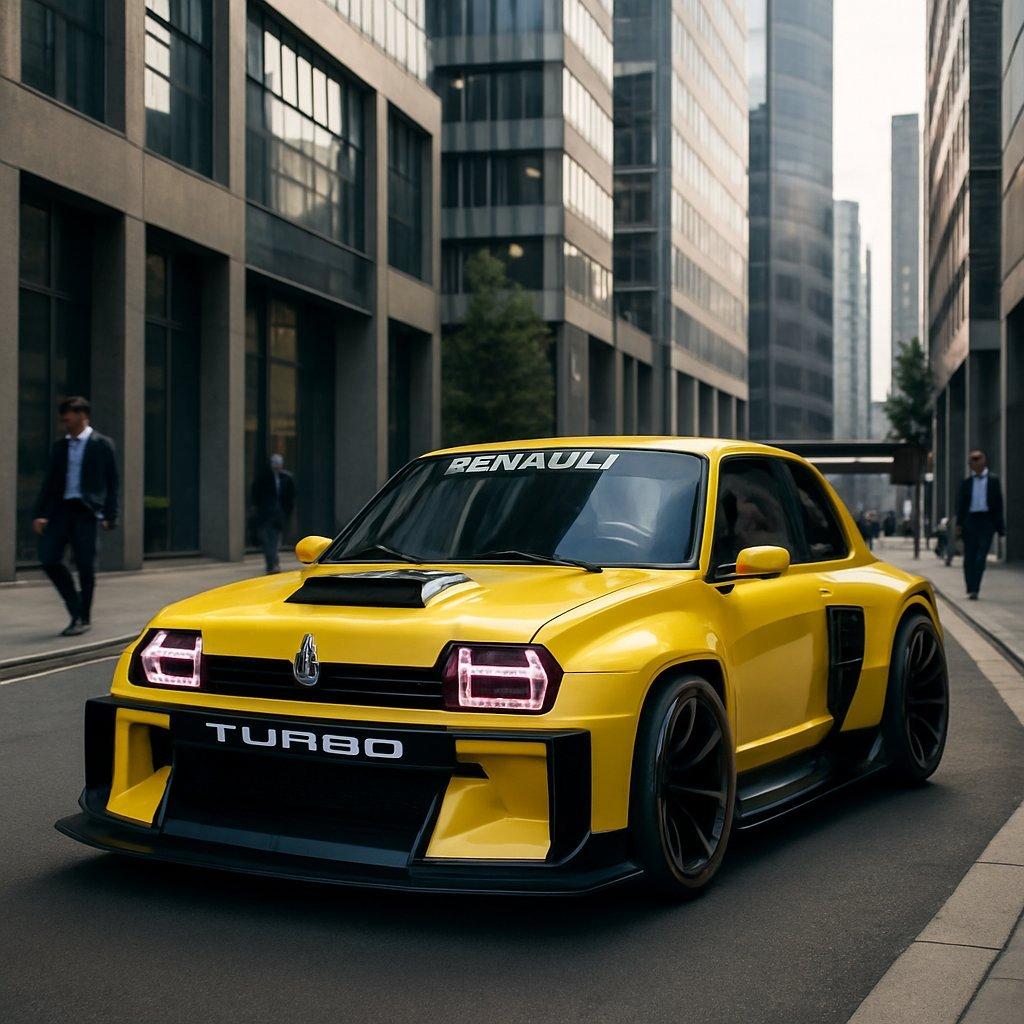 Renault 5 Turbo 3E électrique néo-rétro garée dans une rue urbaine moderne, symbole du renouveau émotionnel.