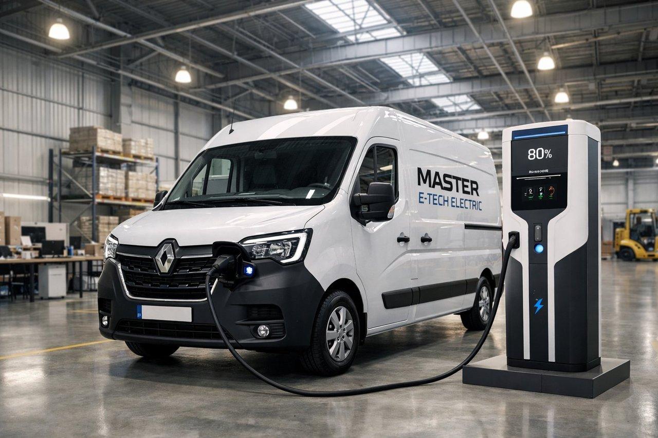 Renault Master E-Tech en recharge rapide sur borne moderne dans un entrepôt industriel clair.
