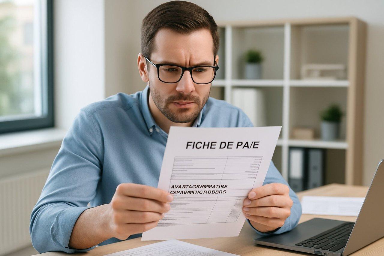 Salarié examinant sa fiche de paie avec avantage en nature voiture de fonction dans un bureau moderne lumineux.