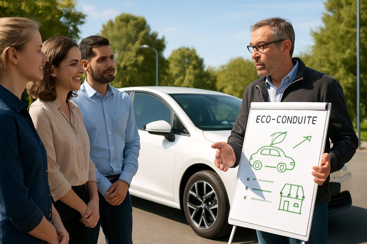 Salariés en formation à l’éco-conduite avec un expert près d’un véhicule électrique moderne en extérieur lumineux.
