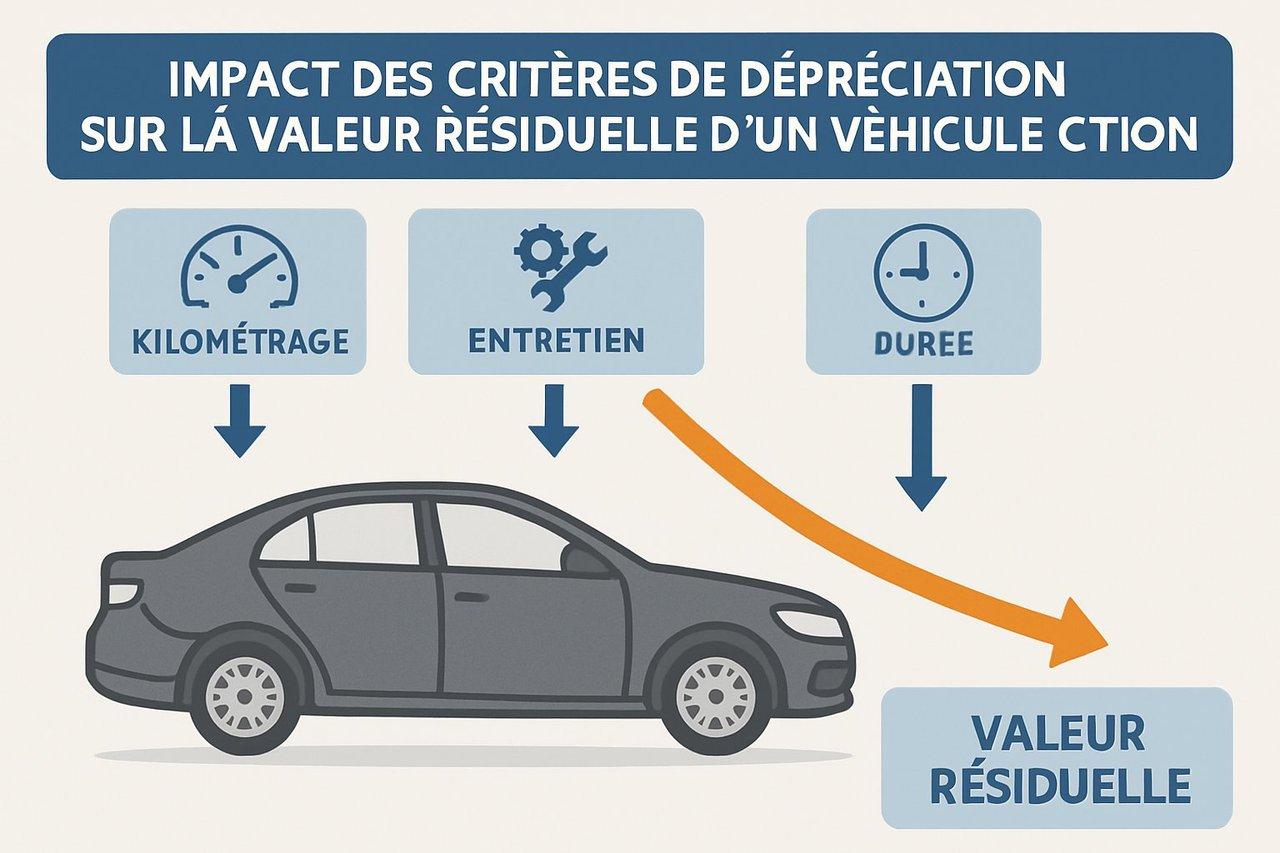 Schéma professionnel illustrant l'impact des critères de dépréciation sur la valeur résiduelle d’un véhicule de fonction.