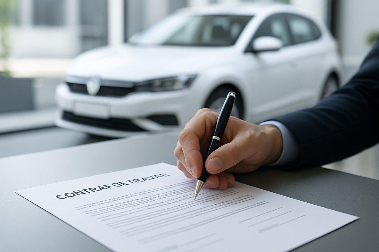 Signature d’un contrat de travail ouvert avec mention d’un véhicule de fonction dans un bureau professionnel.