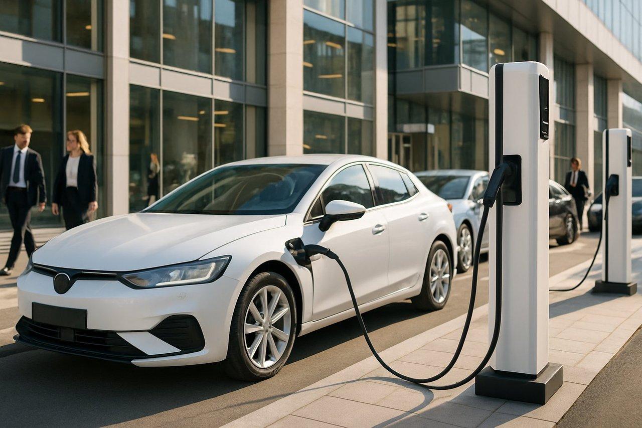 Station de recharge électrique moderne devant des bureaux, avec plusieurs voitures électriques branchées dans une ambiance professionnelle.
