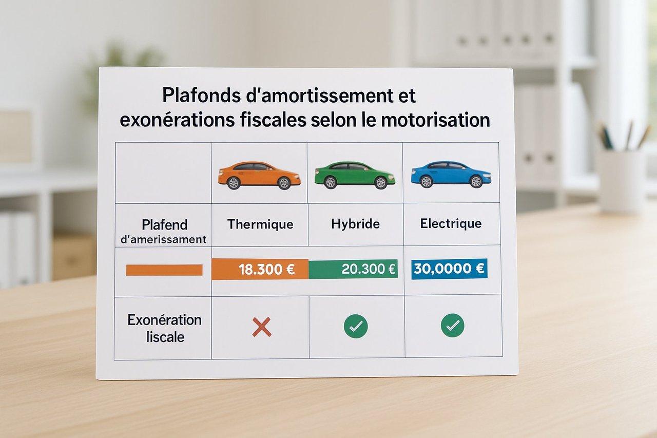 Tableau comparatif clair et professionnel des plafonds d’amortissement et exonérations fiscales selon motorisations.
