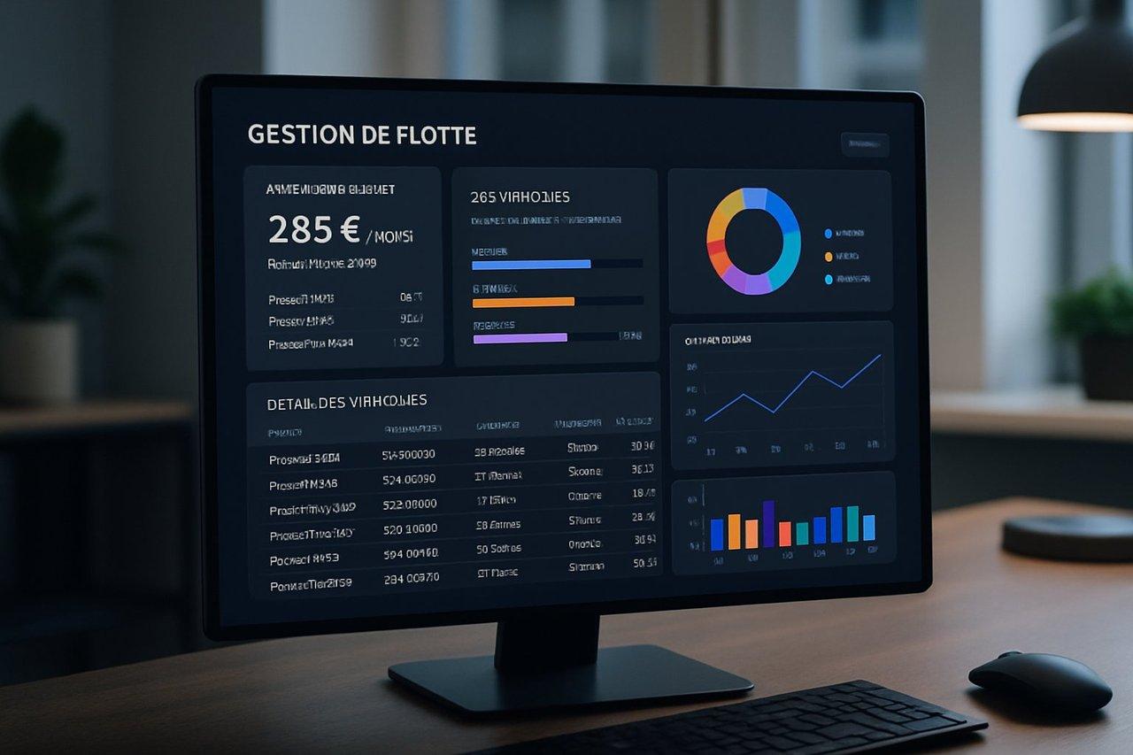 Tableau de bord digital moderne affichant la gestion précise d'une flotte avec suivi des avantages en nature.