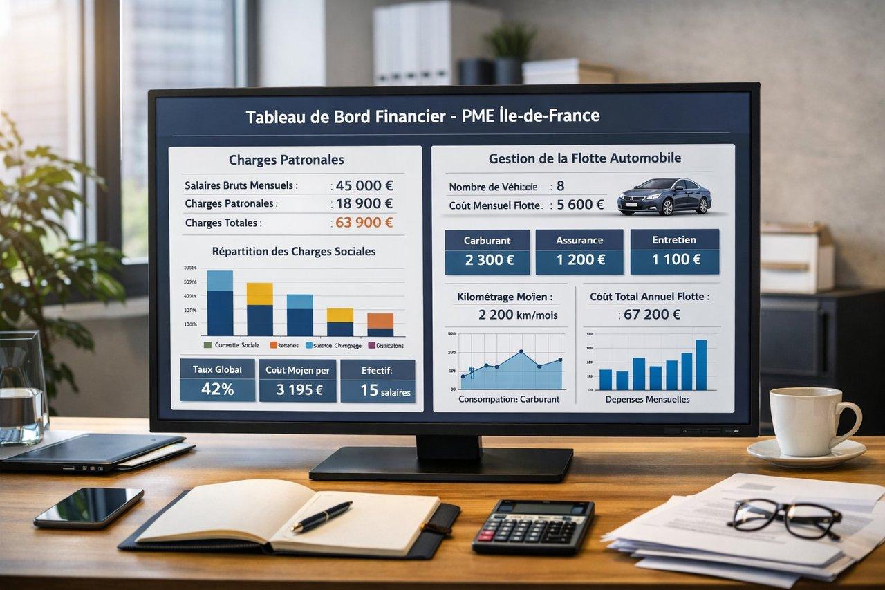 Tableau de bord financier d’une PME en Île-de-France avec calculs de charges patronales et gestion flotte automobile.