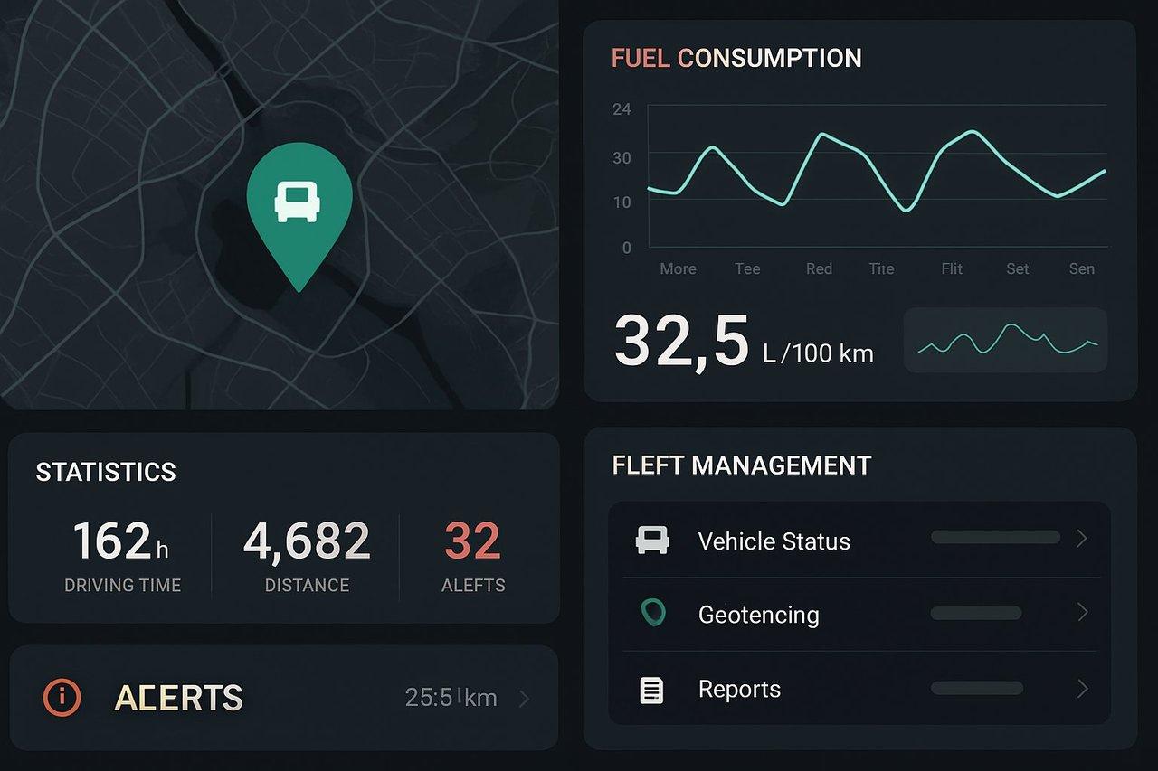Tableau de bord numérique moderne affichant géolocalisation, statistiques de consommation et gestion télématique de flotte en entreprise.