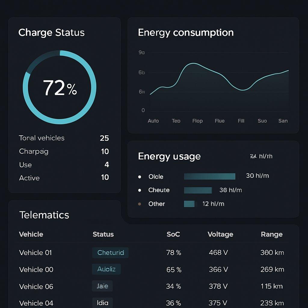Tableau de bord numérique professionnel affichant l’état de charge et la consommation énergétique d’une flotte électrique.