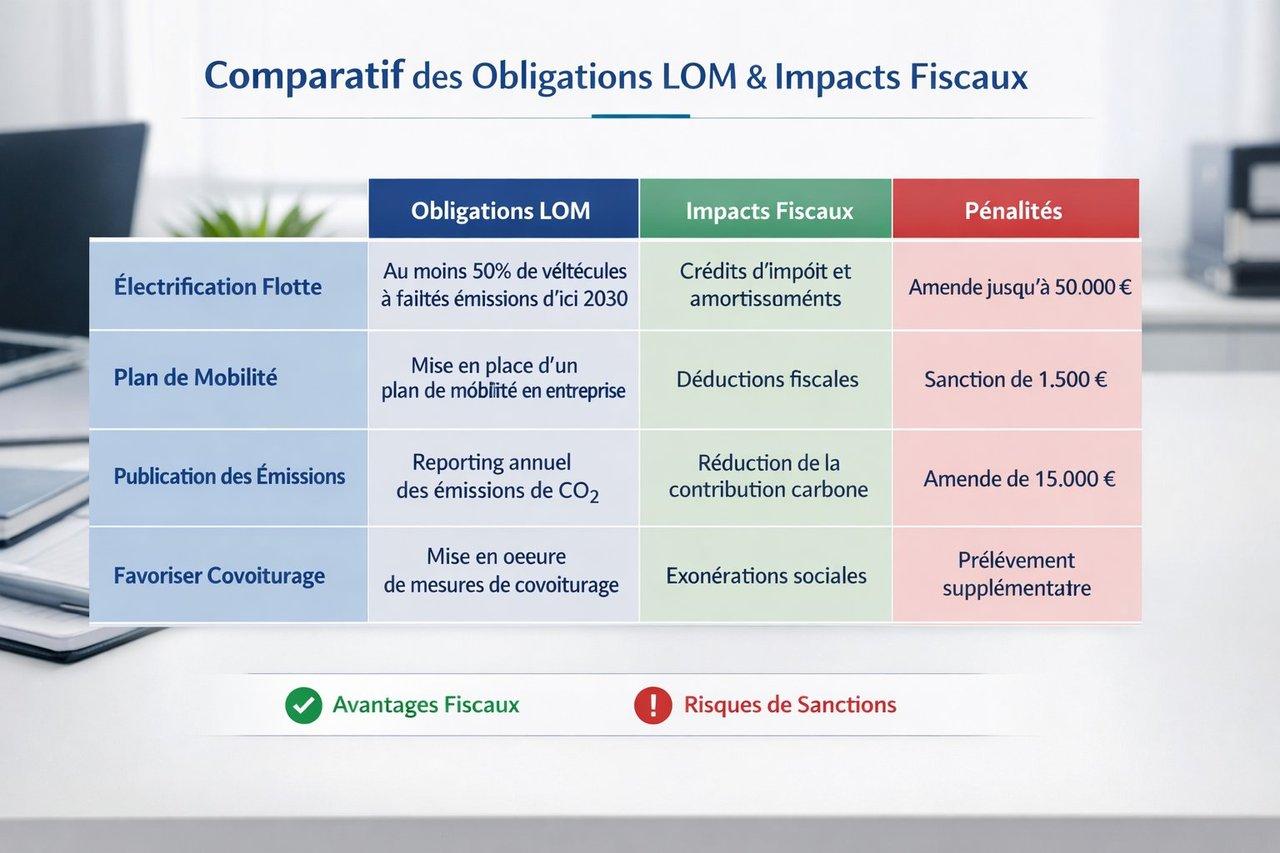 Tableau financier clair et moderne comparant obligations légales LOM, impacts fiscaux et pénalités.