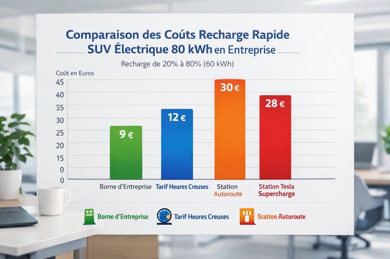 Tableau professionnel clair comparant les coûts de recharge rapide SUV électrique 80 kWh en entreprise.