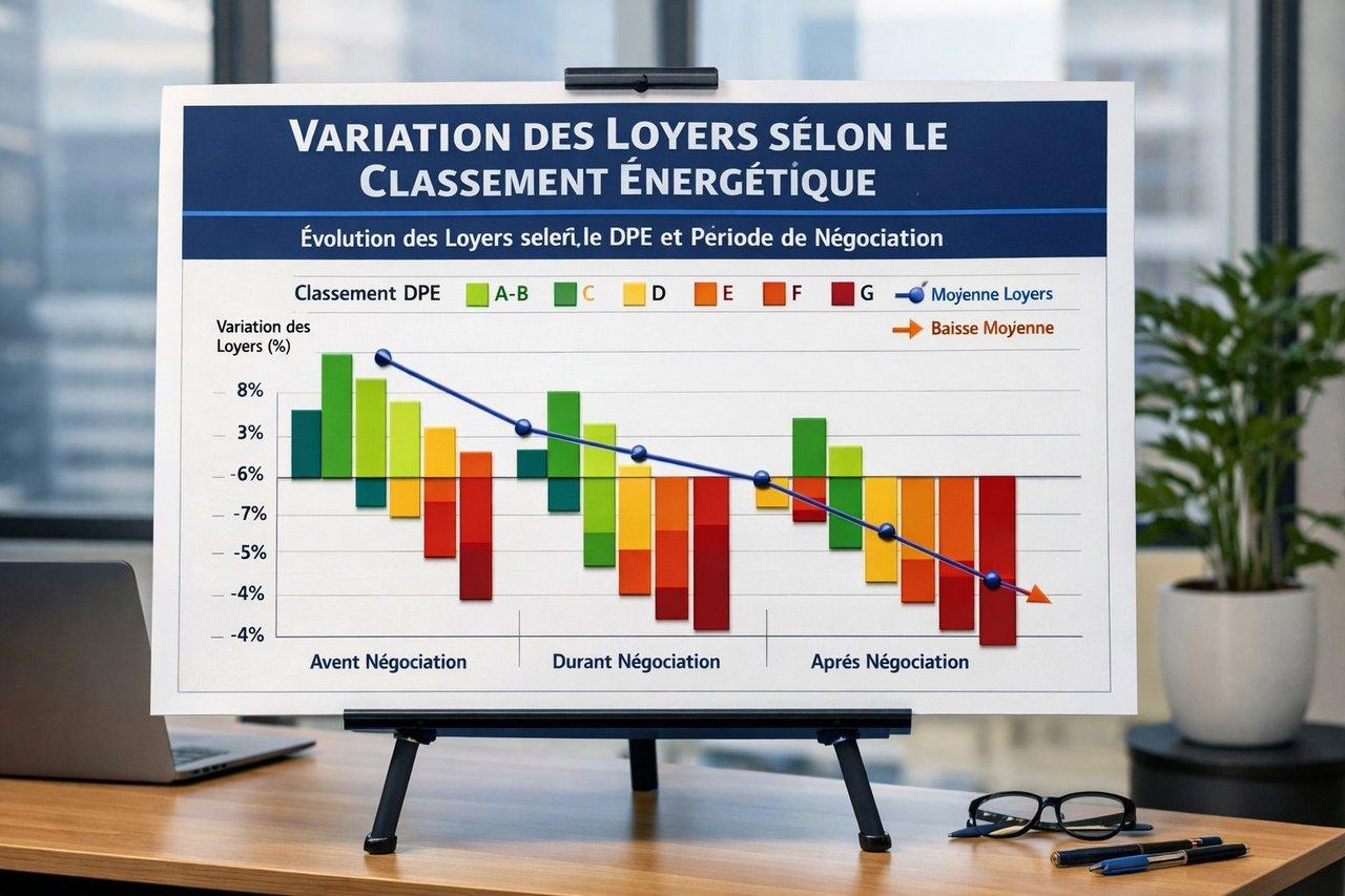 Tableau professionnel coloré illustrant les variations de loyers selon classement énergétique DPE et périodes de négociation.