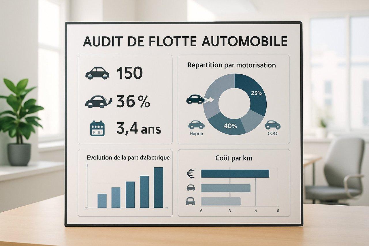 Tableau synthétique moderne d’audit de flotte automobile d’entreprise avec graphiques et véhicules électriques.
