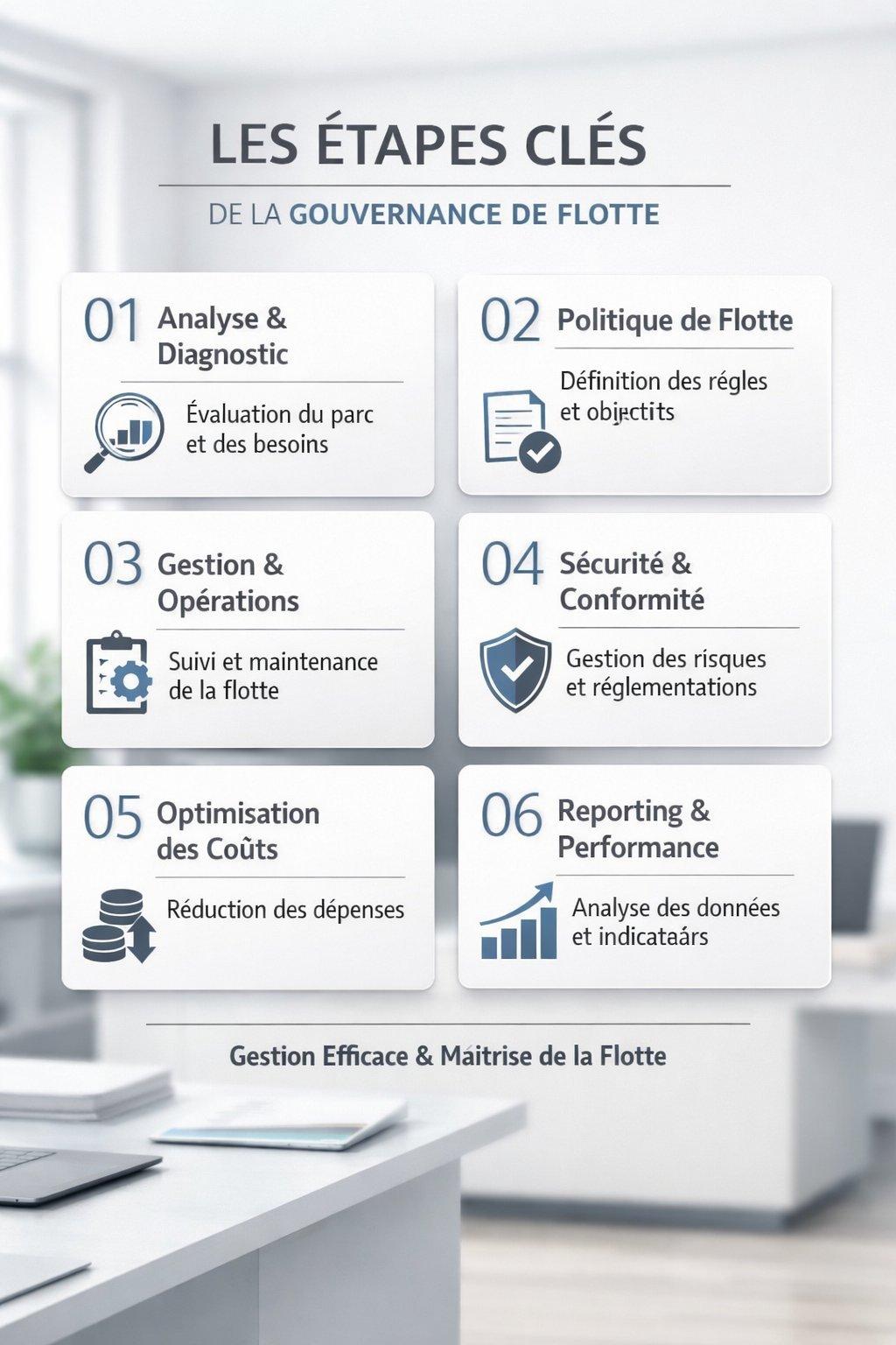 Tableau synthétique moderne illustrant les étapes clés de la gouvernance de flotte avec implication du CSE dans un environnement professionnel épuré.