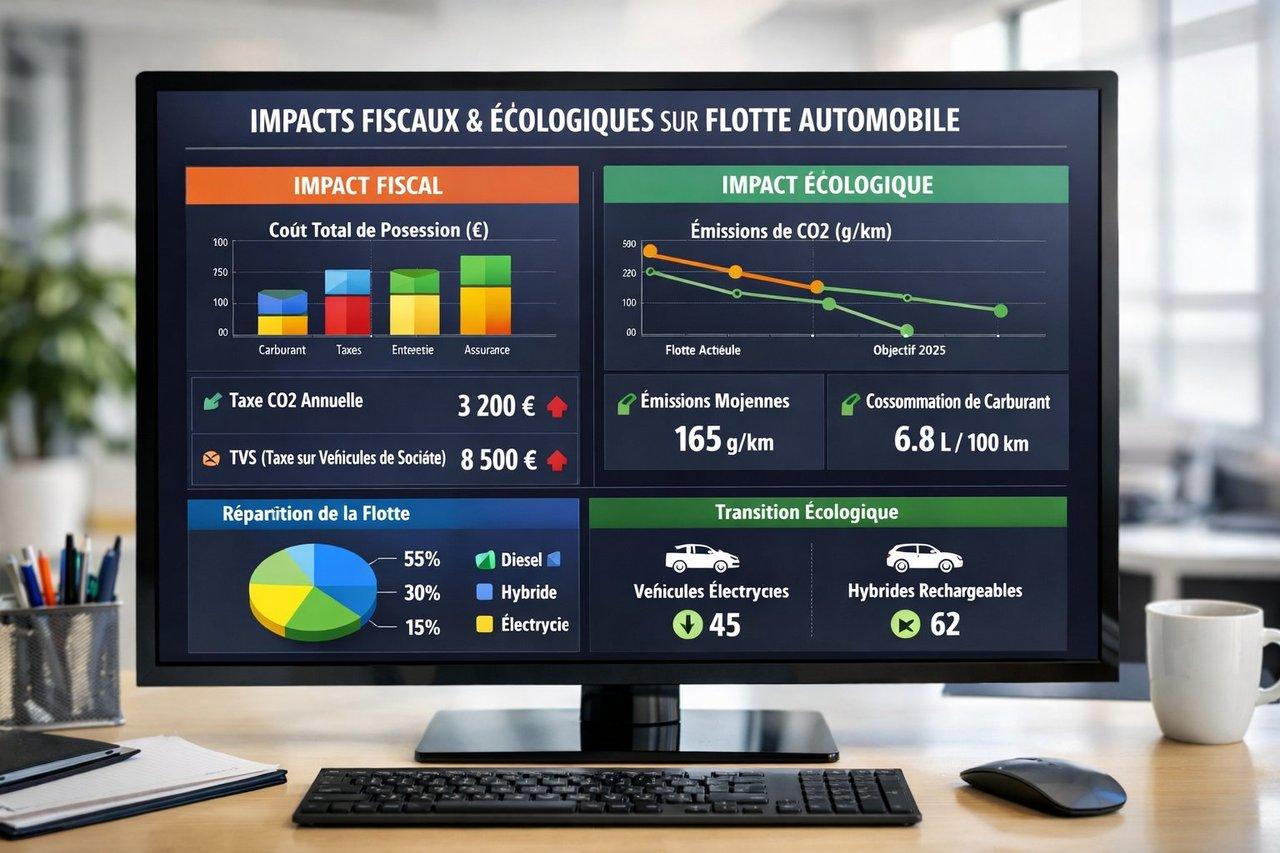 Tableau synthétique moderne sur impacts fiscaux et écologiques de la flotte auto, affiché sur un écran d’ordinateur.