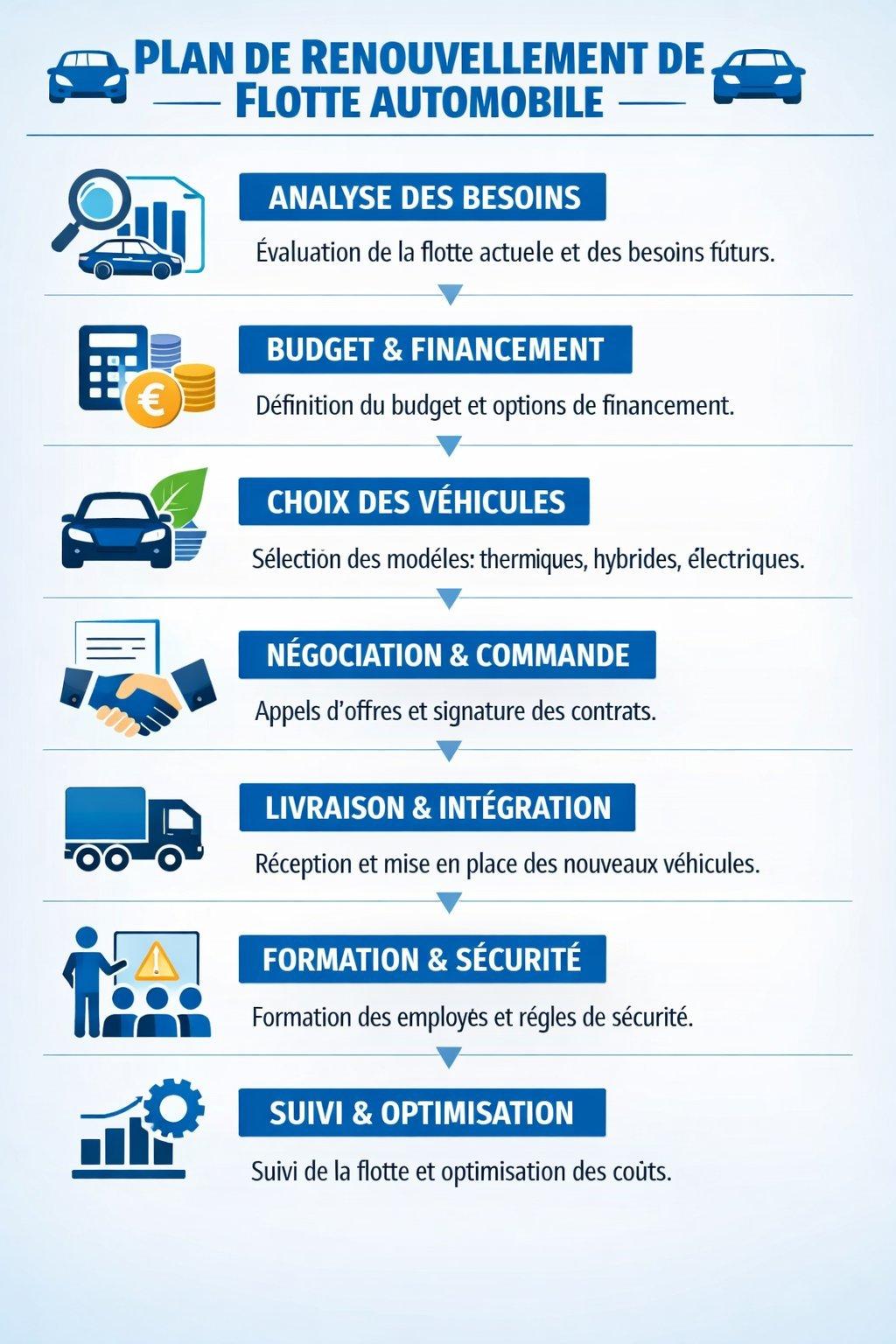 Tableau synthétique professionnel illustrant le plan de renouvellement de flotte automobile en entreprise.