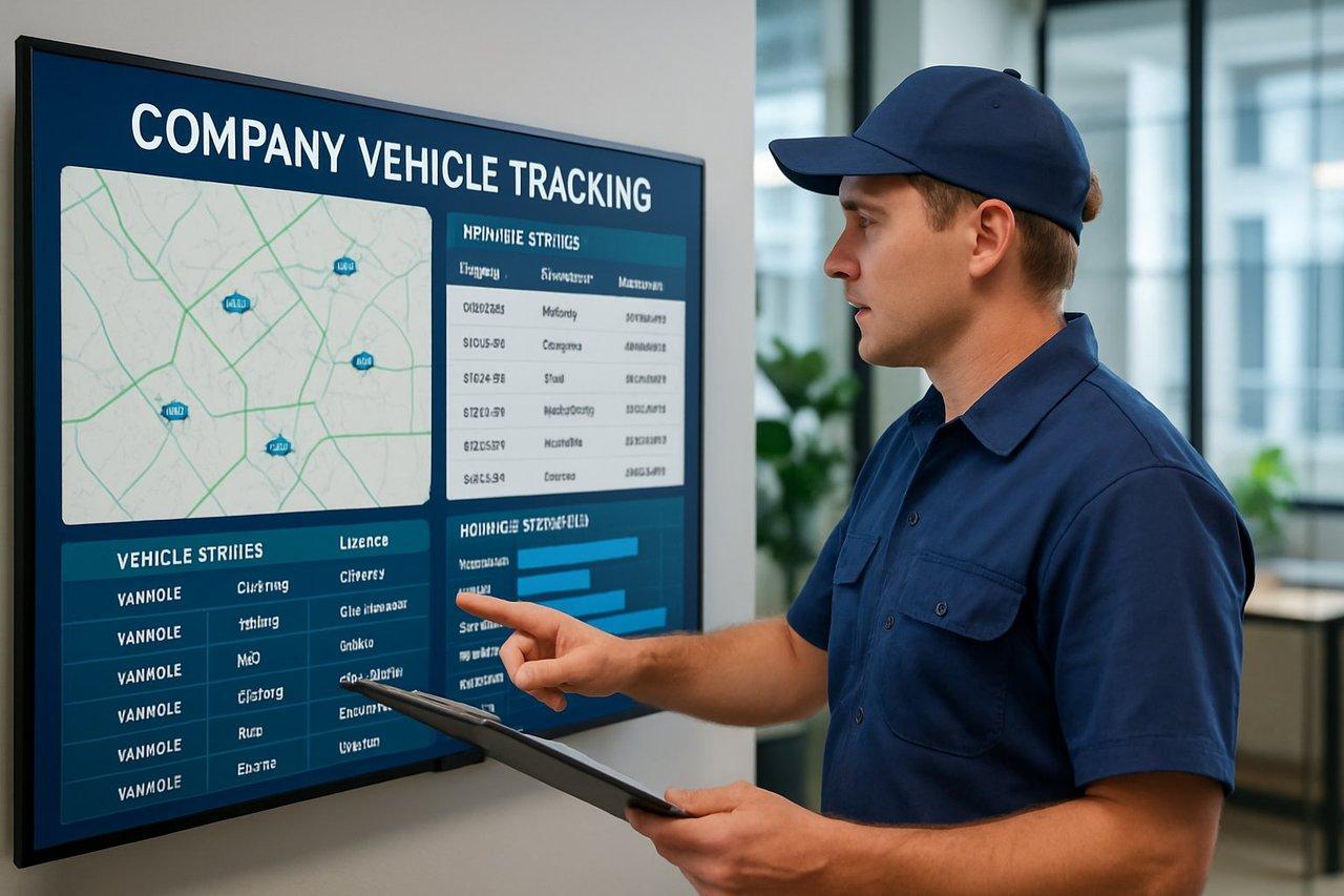 Technicien en uniforme vérifiant un tableau de suivi numérique des véhicules d’entreprise dans un bureau moderne.