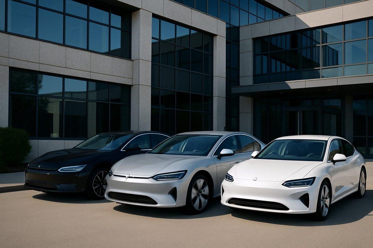 Trois voitures électriques modernes et élégantes stationnées devant un bâtiment d’entreprise contemporain, ambiance professionnelle.