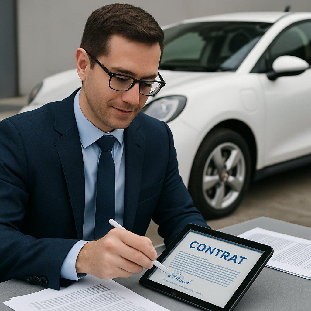 Un cadre professionnel signant électroniquement un contrat de mise à disposition de véhicule de fonction électrique.