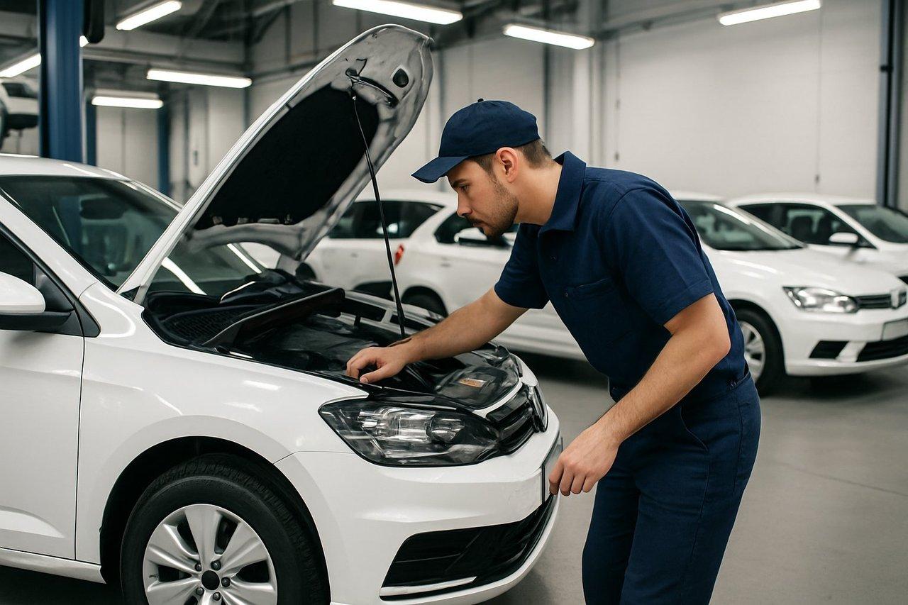 Un technicien en uniforme inspecte minutieusement un véhicule de fonction dans une flotte d’entreprise bien organisée.