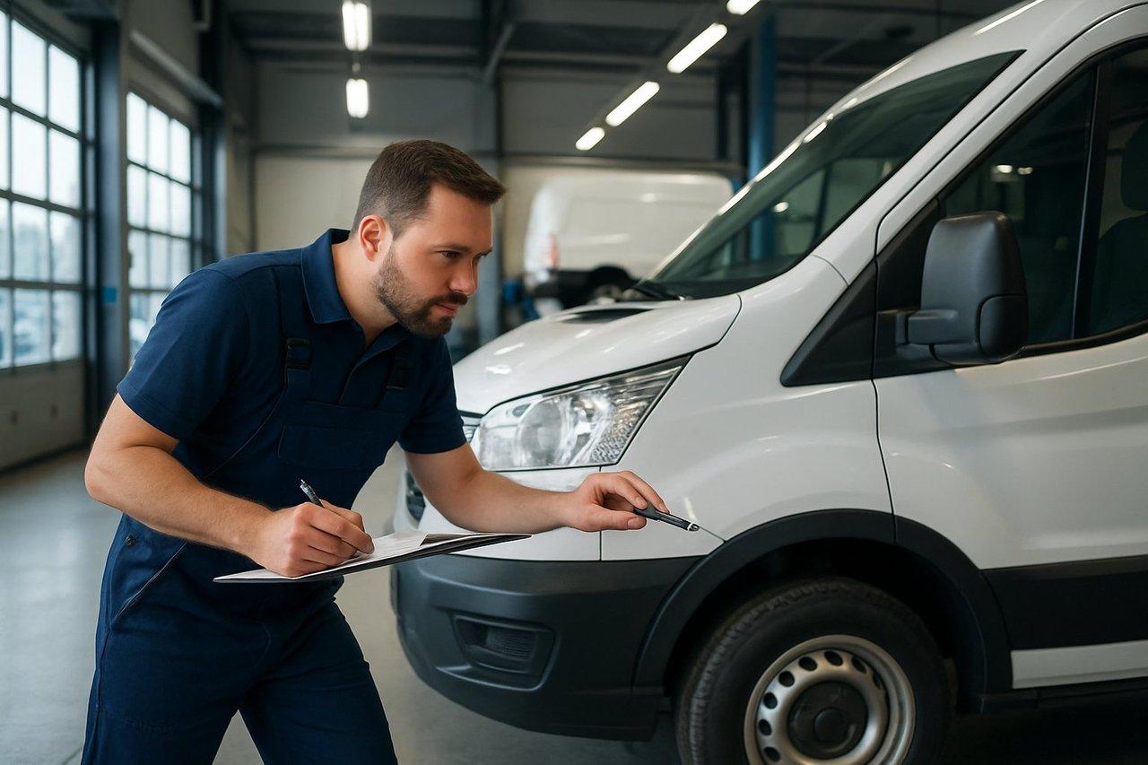 Un technicien professionnel inspectant minutieusement un véhicule de flotte en maintenance dans un garage moderne bien éclairé.