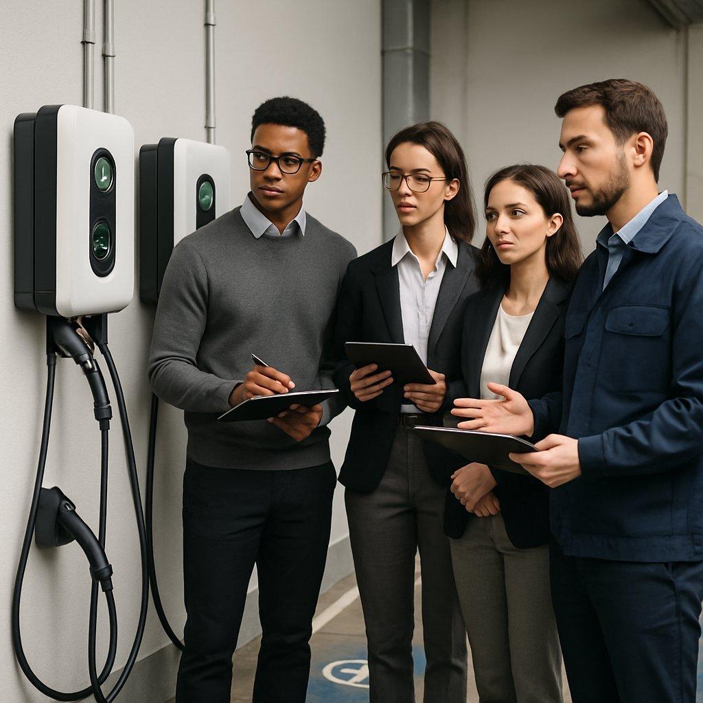 Une équipe de collaborateurs en formation pratique à la gestion et maintenance des bornes de recharge électriques en entreprise.